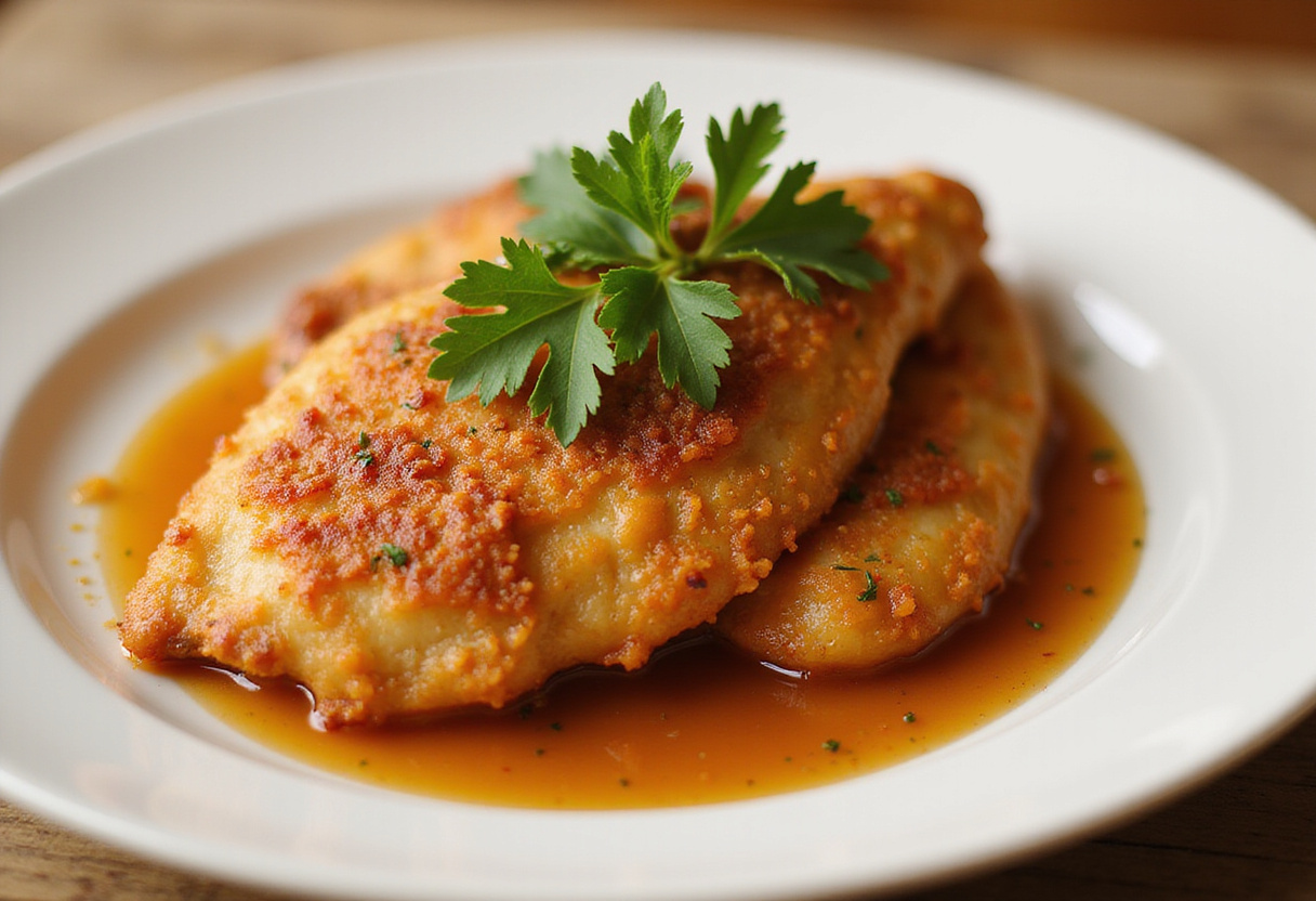 Delicious Crispy Parmesan Chicken elegantly plated with rich garlic sauce and fresh parsley, perfect for a dinner presentation.