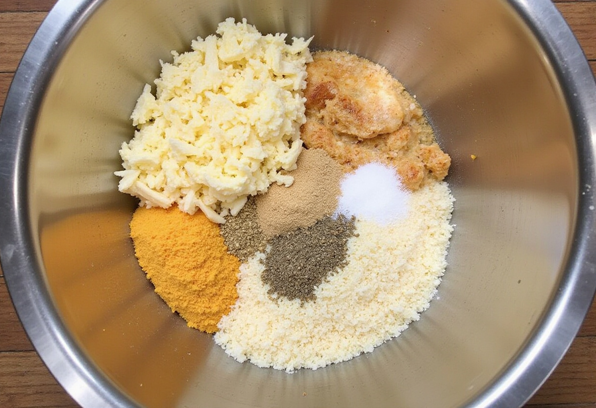 Ingredients for Crispy Parmesan Chicken mixed in a bowl for a delicious breadcrumb coating.