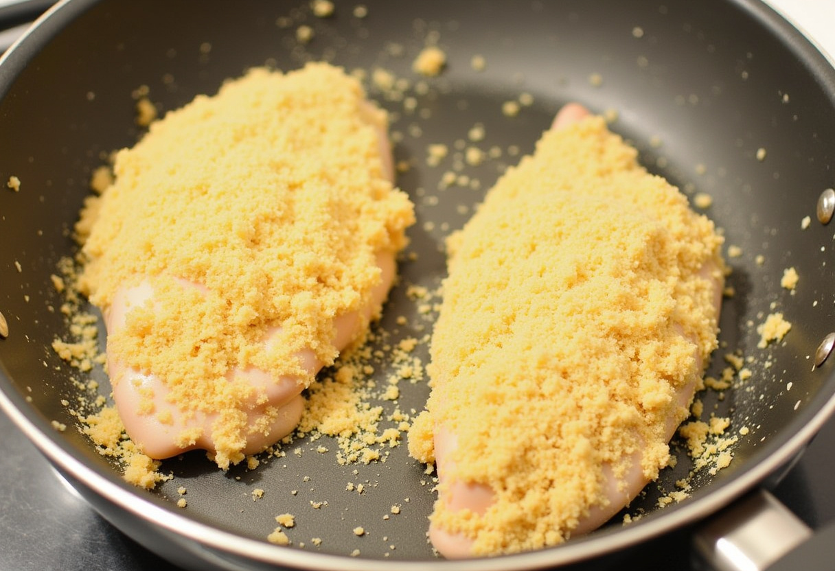 Chicken breasts being prepared for baking, coated in a flavorful mix of parmesan and breadcrumbs for crispy texture.