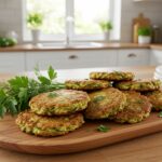 Final presentation of crispy zucchini fritters, showcasing their golden-brown color and crispy texture, ideal for serving at gatherings.
