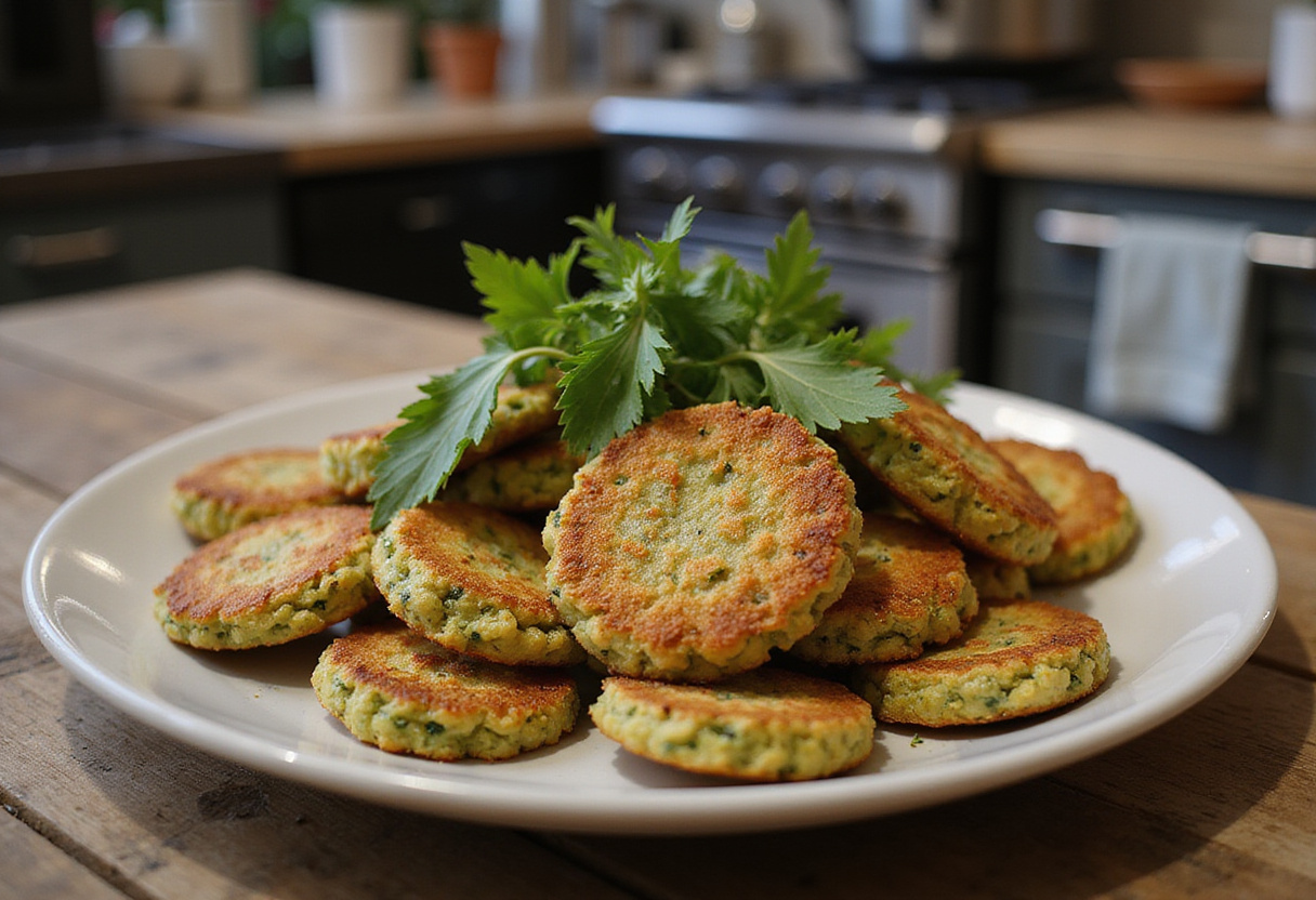 Final presentation of crispy zucchini fritters, showcasing their golden-brown color and crispy texture, ideal for serving at gatherings.