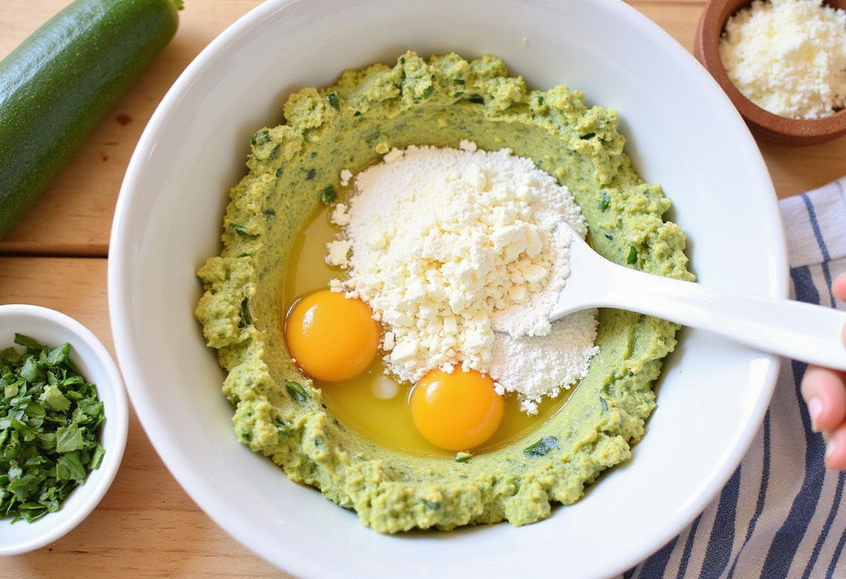 Combining ingredients for crispy zucchini fritters, showcasing a mixture of eggs, flour, cheese, and herbs for a delicious flavor.