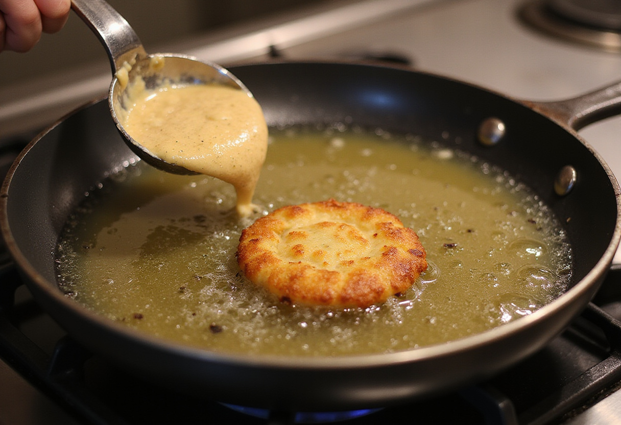 Cooking crispy zucchini fritters in a frying pan, capturing the moment they hit the hot oil and start to sizzle.