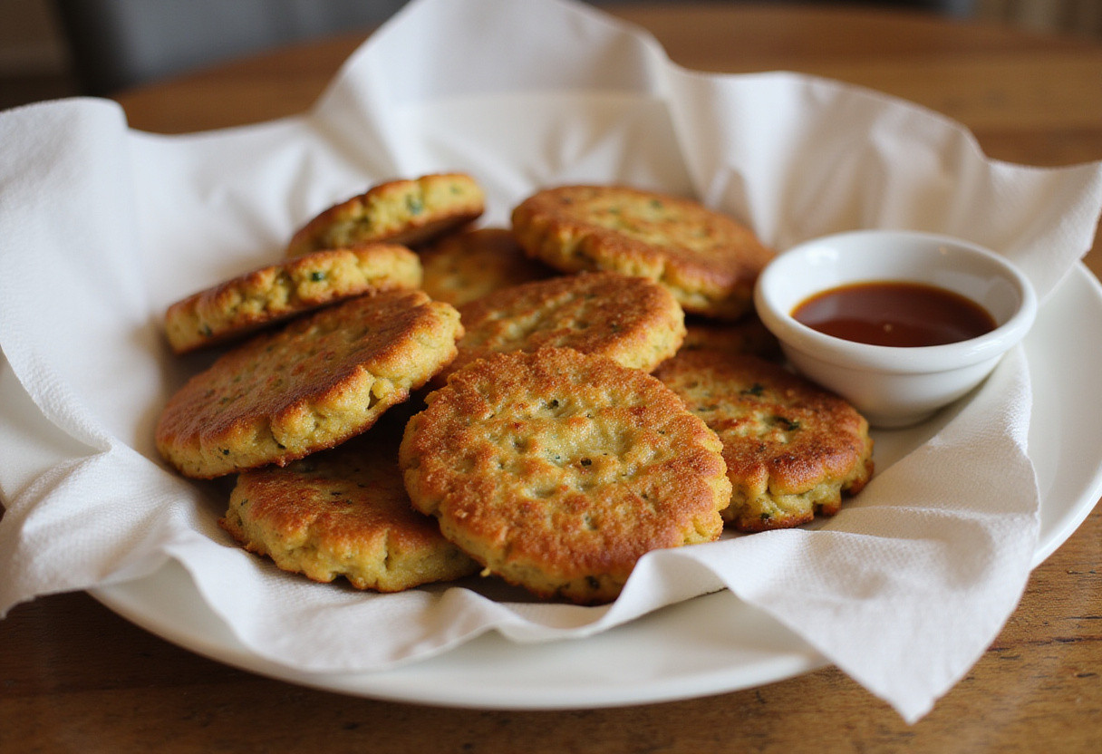 Serving hot crispy zucchini fritters on a plate with paper towels and dipping sauce, perfect for appetizers or snacks.