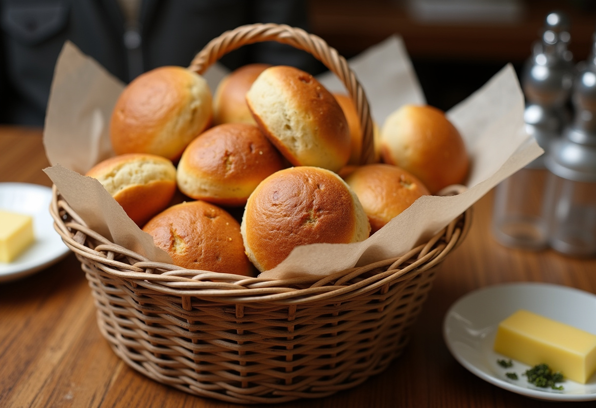 A basket of Crusty Chewy French Bread Rolls, golden and fresh from the oven, served with butter and herbs, perfect for any meal.