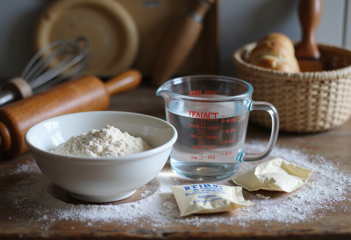Ingredients for Crusty Chewy French Bread Rolls laid out in a rustic kitchen, showcasing flour, water, and yeast for perfect bread making.