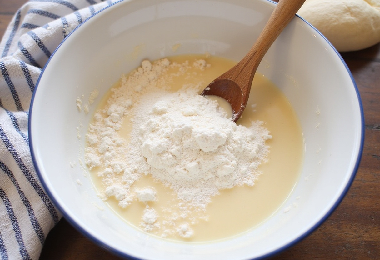 Combining ingredients for Crusty Chewy French Bread Rolls, featuring a mixing bowl with water, yeast, and flour creating a doughy consistency.