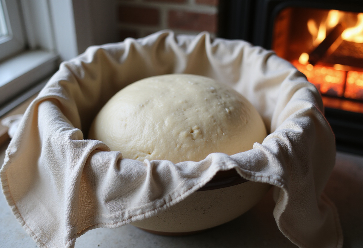 Dough rising for Crusty Chewy French Bread Rolls in a covered bowl on the countertop, indicating the fermentation process for soft and chewy bread.
