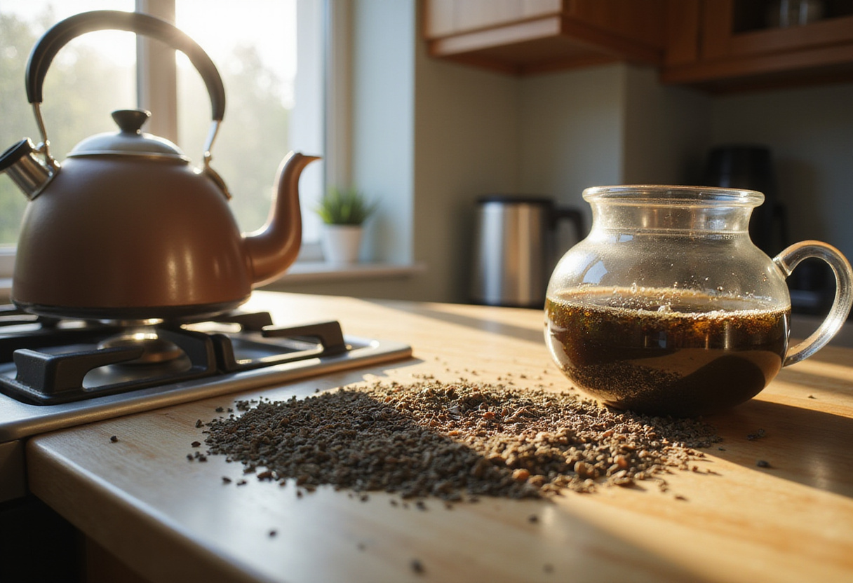 Preparing ingredients for Delicious Cherry Earl Grey Milk Tea with tea leaves and kettle in a bright kitchen.