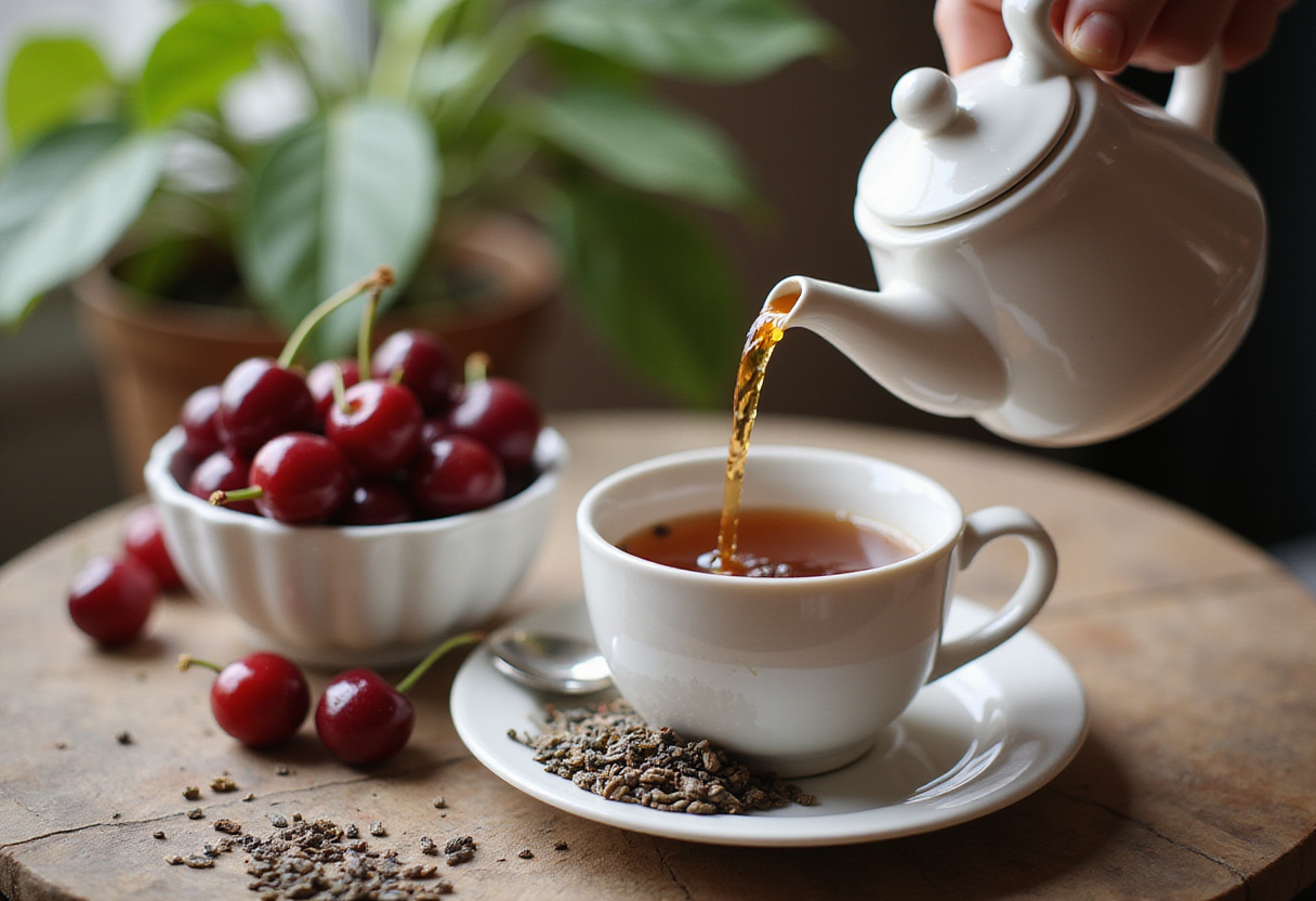 Brewing Earl Grey for Cherry Earl Grey Milk Tea, showcasing a teapot and cherries in a cozy kitchen setup.