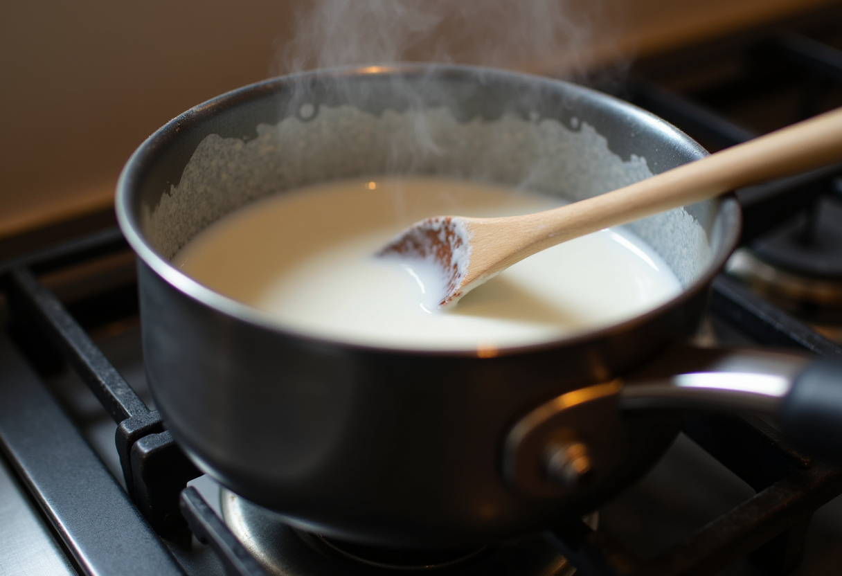 Heating milk and sugar for Delicious Cherry Earl Grey Milk Tea, depicting a saucepan with steam on the stove.