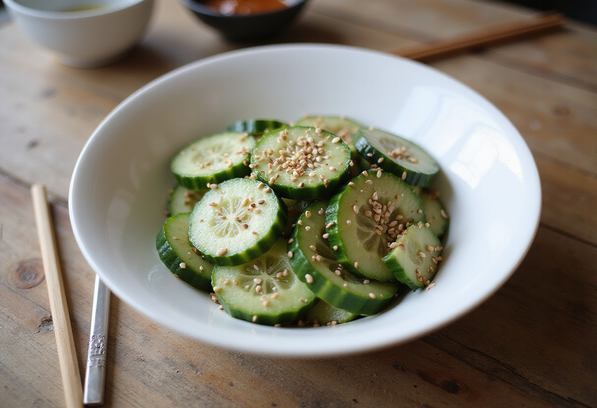 A delightful Easy Asian Cucumber Salad ready to enjoy, featuring fresh cucumbers, a savory dressing, and topped with sesame seeds, perfect for any meal.