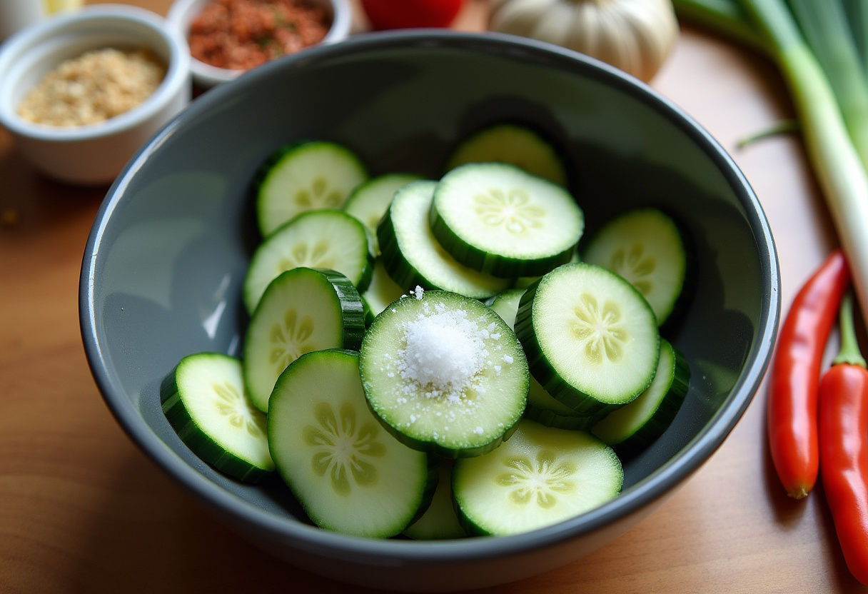 Sliced cucumbers in a bowl being prepared for an Easy Asian Cucumber Salad with fresh ingredients garlic and chili flakes.