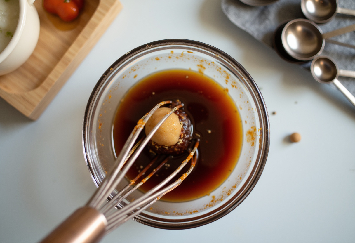 Creating a flavorful dressing for Easy Asian Cucumber Salad with soy sauce, rice vinegar, and sesame oil for that authentic Asian taste.