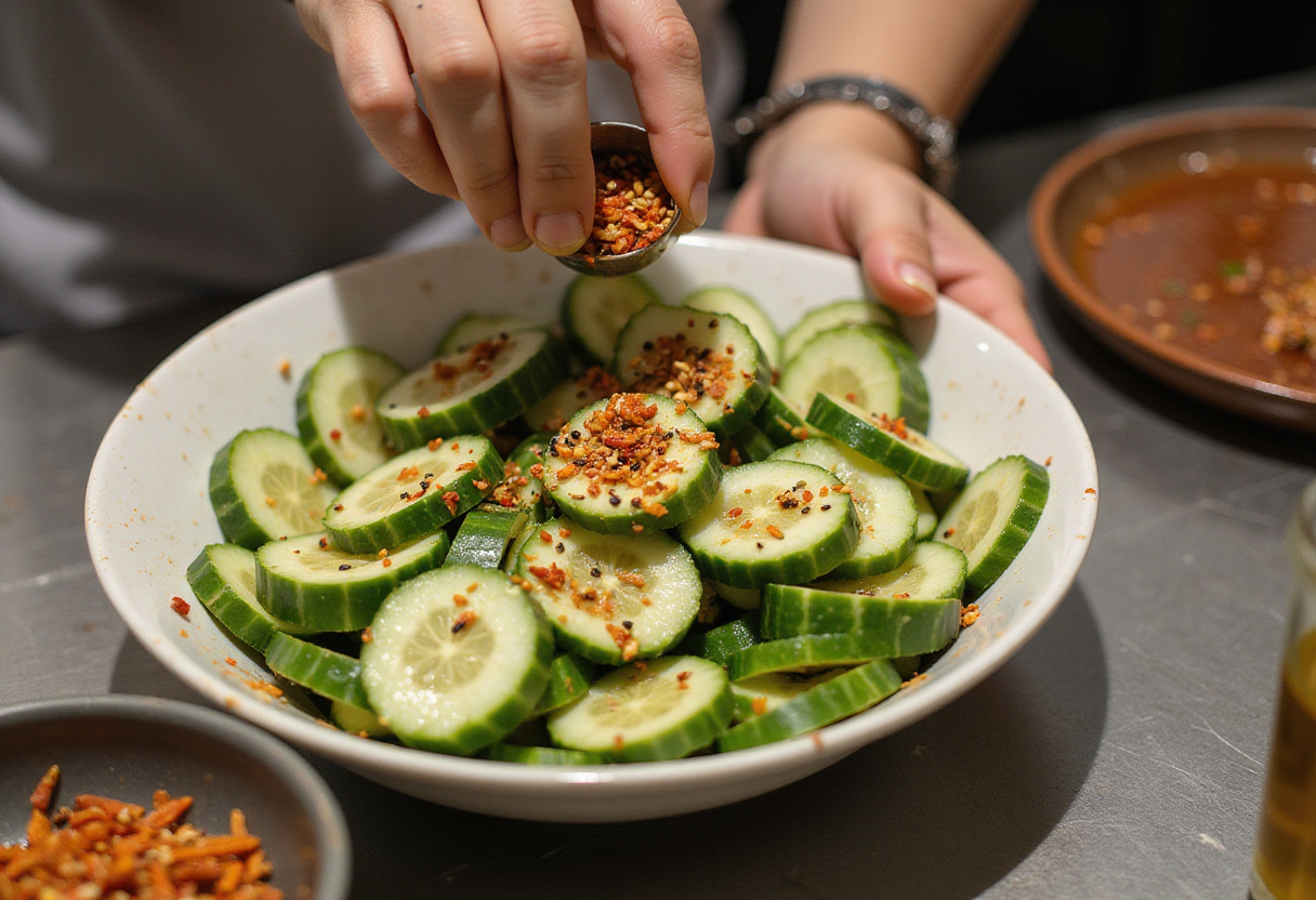 Tossing cucumbers with homemade dressing for a refreshing Easy Asian Cucumber Salad, enriched with vibrant flavors and garnishes.
