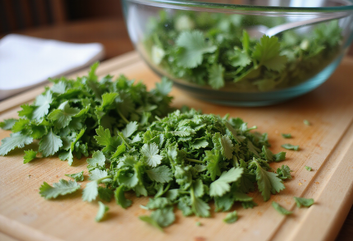 Chopping fresh herbs to enhance the Easy Asian Cucumber Salad with aromatic cilantro and mint that elevate the dish's freshness.