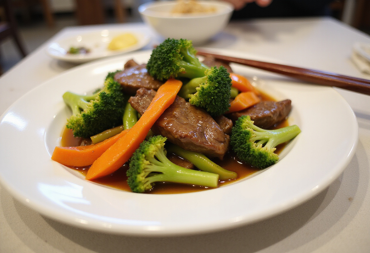 Easy Beef and Broccoli Recipe - Deliciously plated beef and broccoli stir-fry garnished with sesame seeds and served with rice.