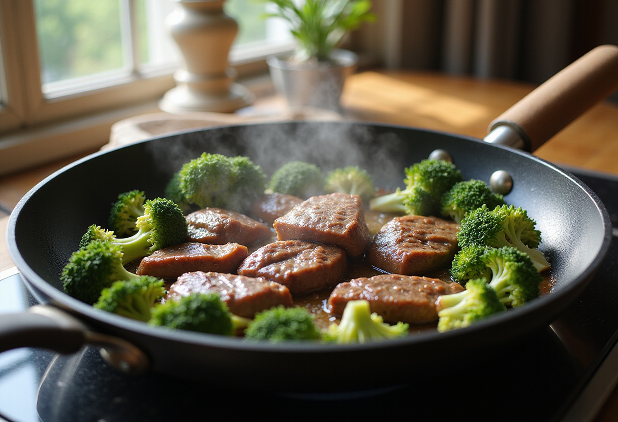 Easy Beef and Broccoli Recipe - Blanching fresh broccoli florets in boiling water for a tender texture.