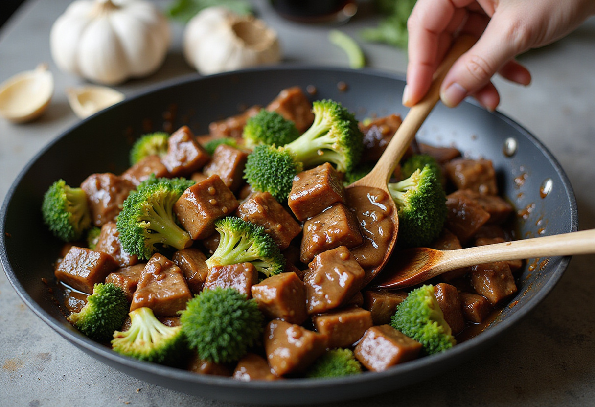 Easy Beef and Broccoli Recipe - Slicing beef into thin strips on a wooden cutting board for a delicious stir-fry.