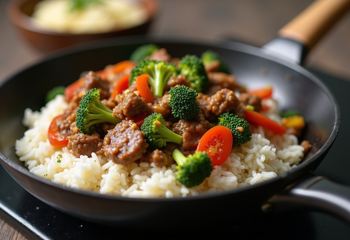 Easy Beef and Broccoli Recipe - Sautéing garlic and ginger in a hot skillet with soy sauce for a flavorful sauce.