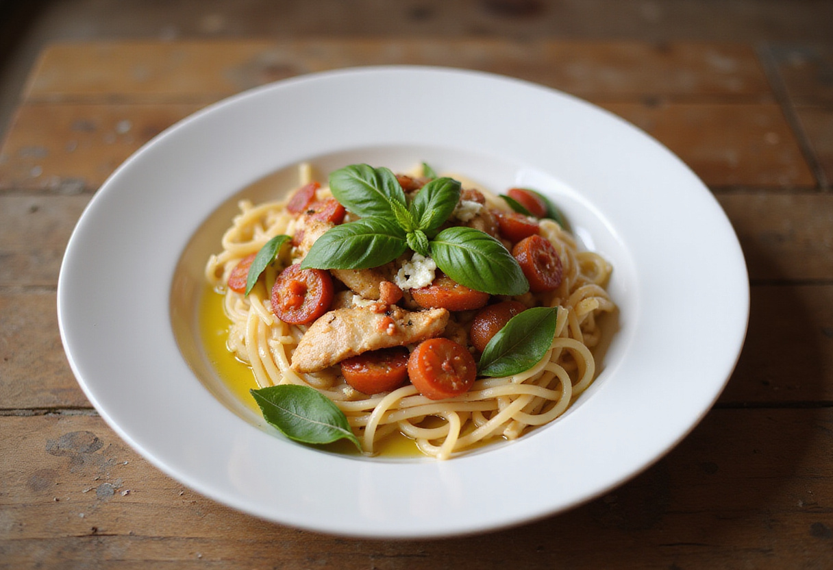 Delicious Easy Bruschetta Chicken Pasta served in a bowl, showcasing the vibrant colors and fresh ingredients in a perfect meal presentation.