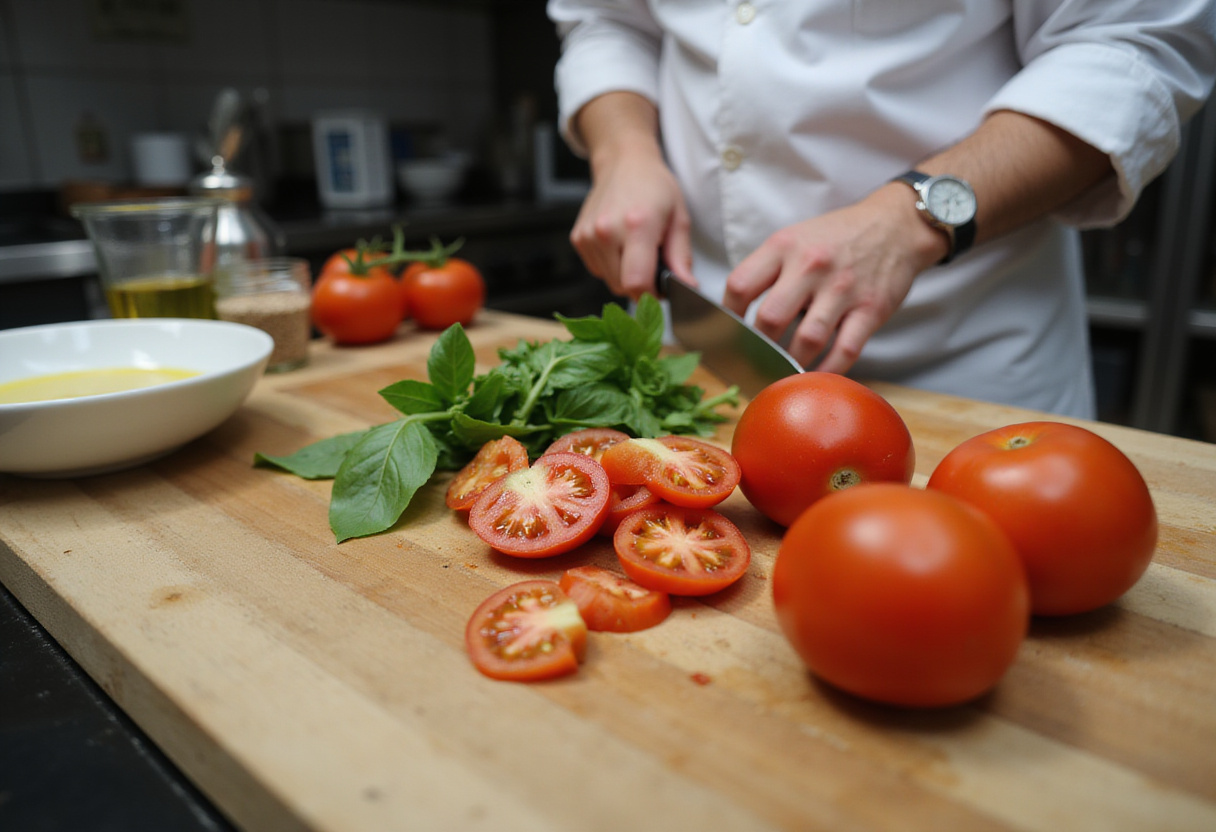 Chopping fresh tomatoes and basil for Easy Bruschetta Chicken Pasta, essential ingredients for a delicious dish.