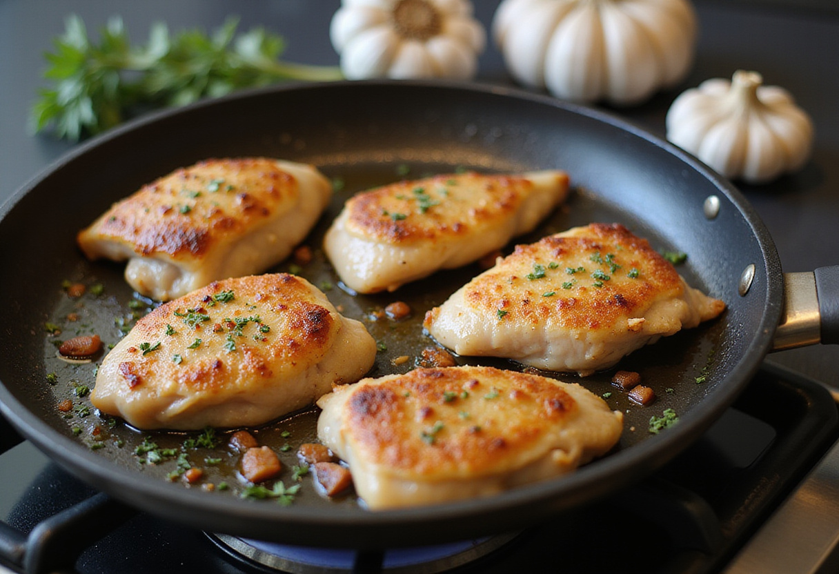 Cooking chicken breast for Easy Bruschetta Chicken Pasta, highlighting the perfect blending of flavors and ingredients.