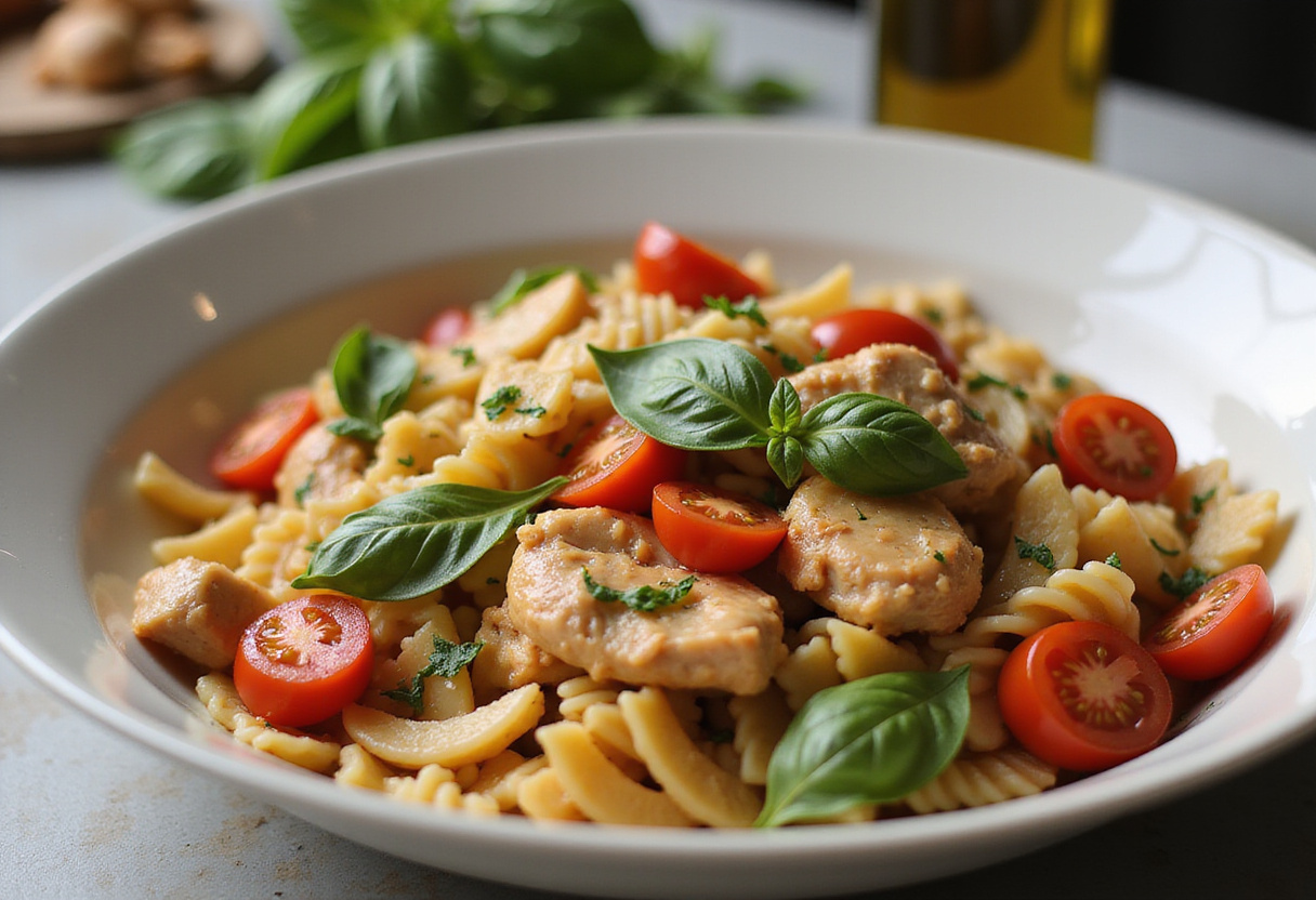 Tossing ingredients for Easy Bruschetta Chicken Pasta, capturing the fresh and colorful combination of flavors being prepared.