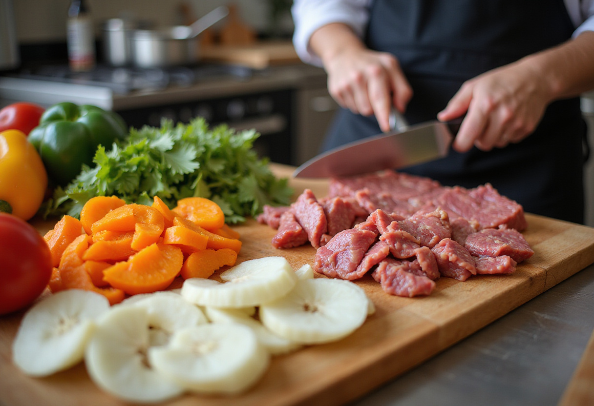 Fresh ingredients for easy Chinese pepper steak recipe, including bell peppers, onions, and beef strips on a cutting board.
