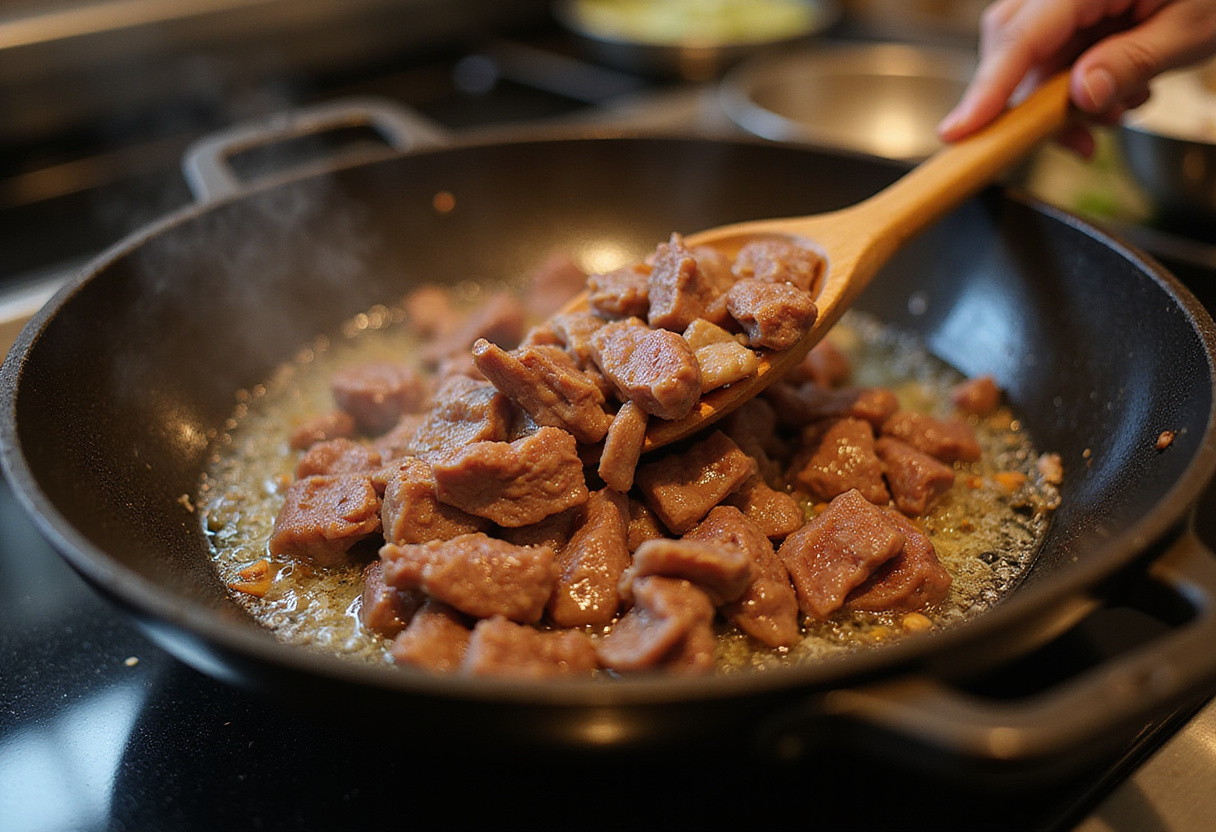Marinated beef strips sizzling in a wok for a delicious Chinese pepper steak, showcasing the cooking process.