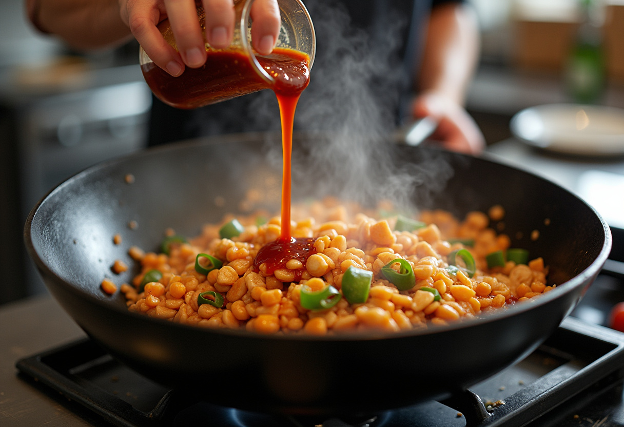 A chef adding savory sauce to the wok for an easy Chinese pepper steak, bringing all the flavors together.