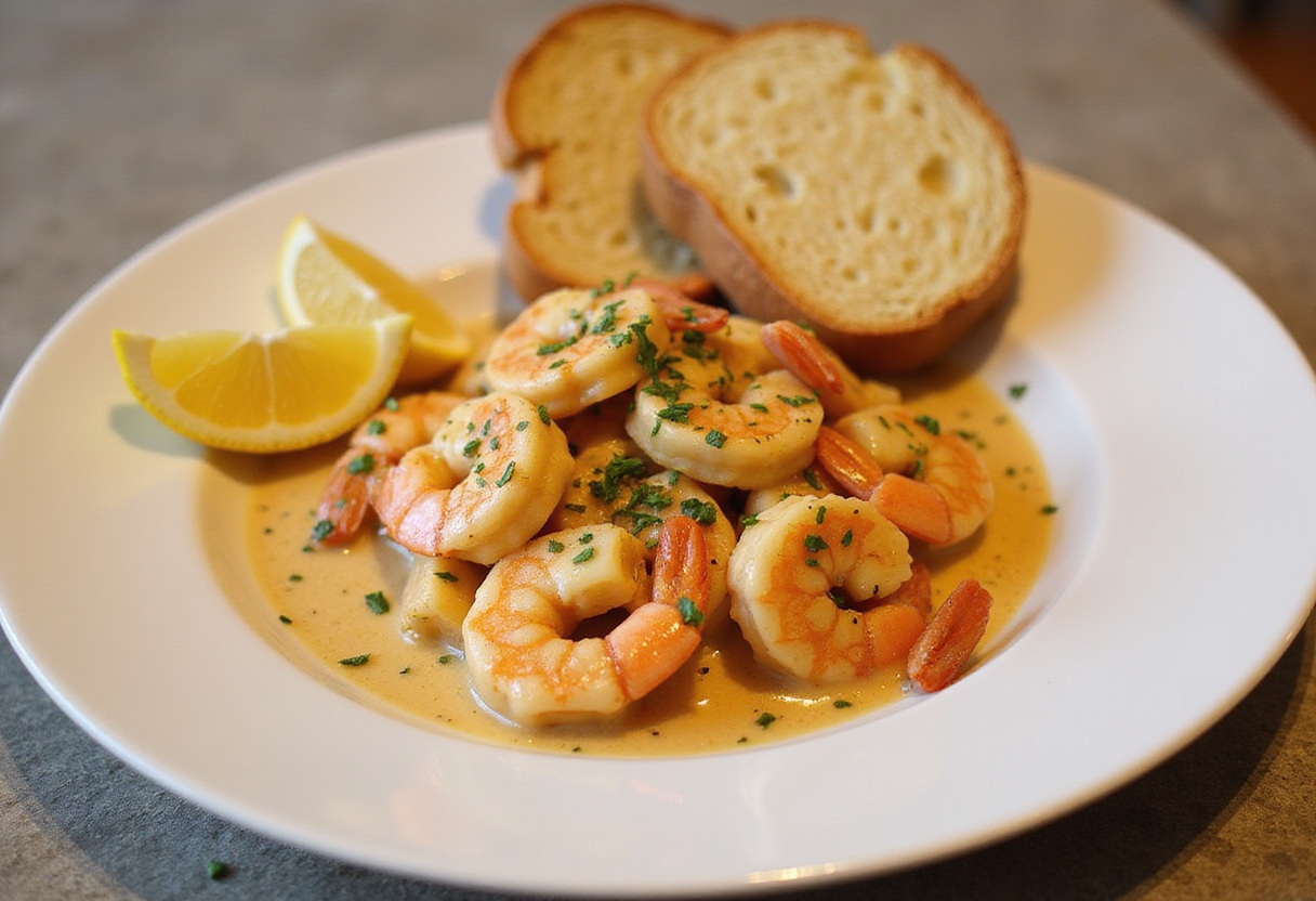 Delicious Easy Creamy Garlic Shrimp on a plate, served with garlic bread and lemon wedges, highlighting a perfect meal for seafood lovers.