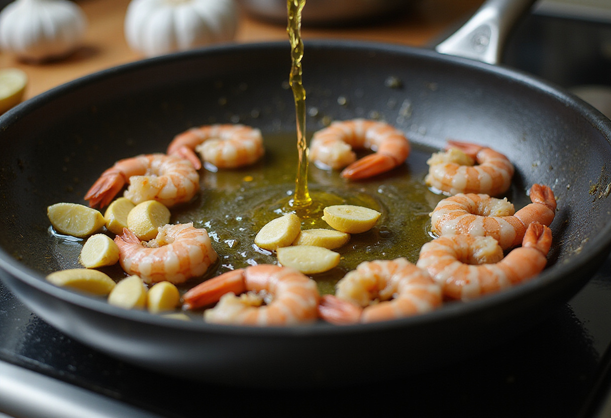 Easy Creamy Garlic Shrimp preparation with olive oil and fresh garlic in a frying pan, highlighting flavorful ingredients for a delicious dish.