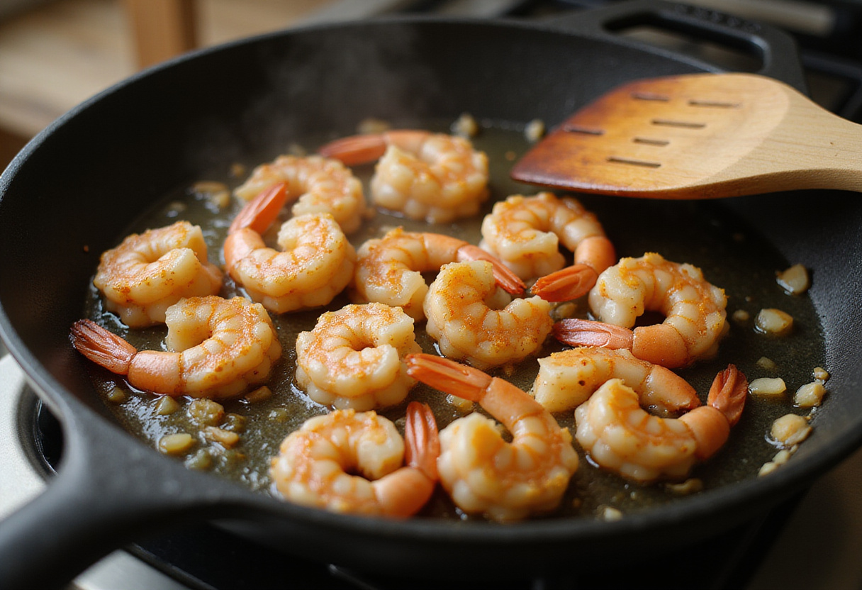 Cooking Easy Creamy Garlic Shrimp with perfectly sautéed shrimp and garlic, illustrating the vibrant colors and textures in the frying pan.