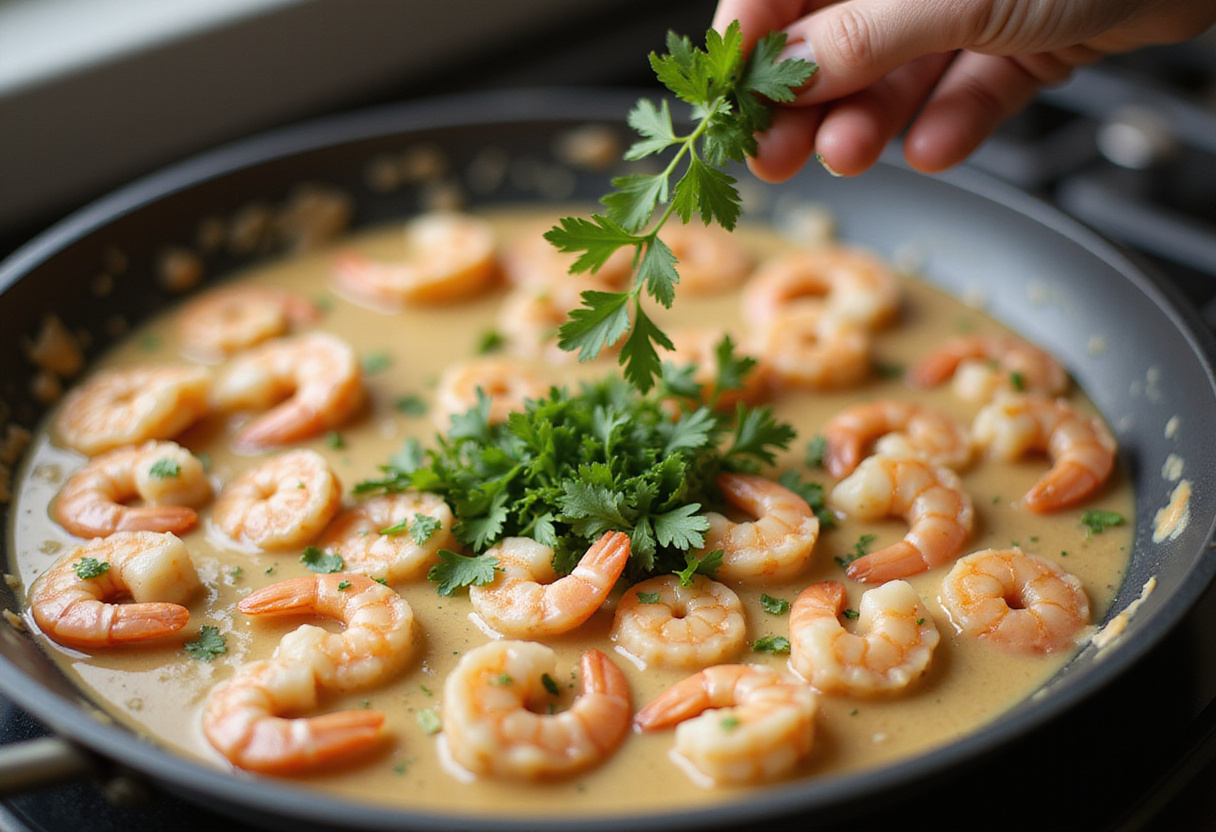 Finalizing Easy Creamy Garlic Shrimp with a garnish of parsley, enhancing visual appeal and flavor before plating.