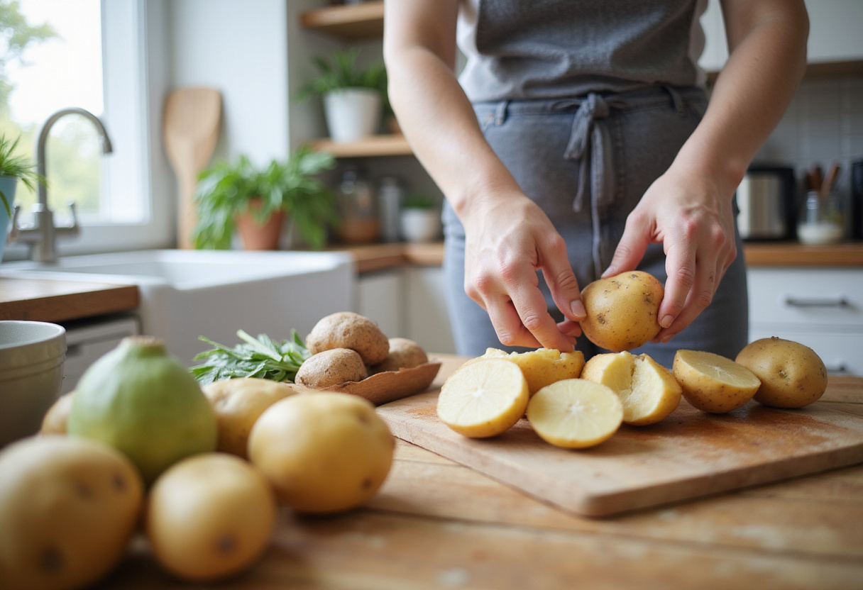 Freshly peeled potatoes ready to be cooked for Easy Lipton Onion Soup Potatoes, featuring a clean kitchen setting.