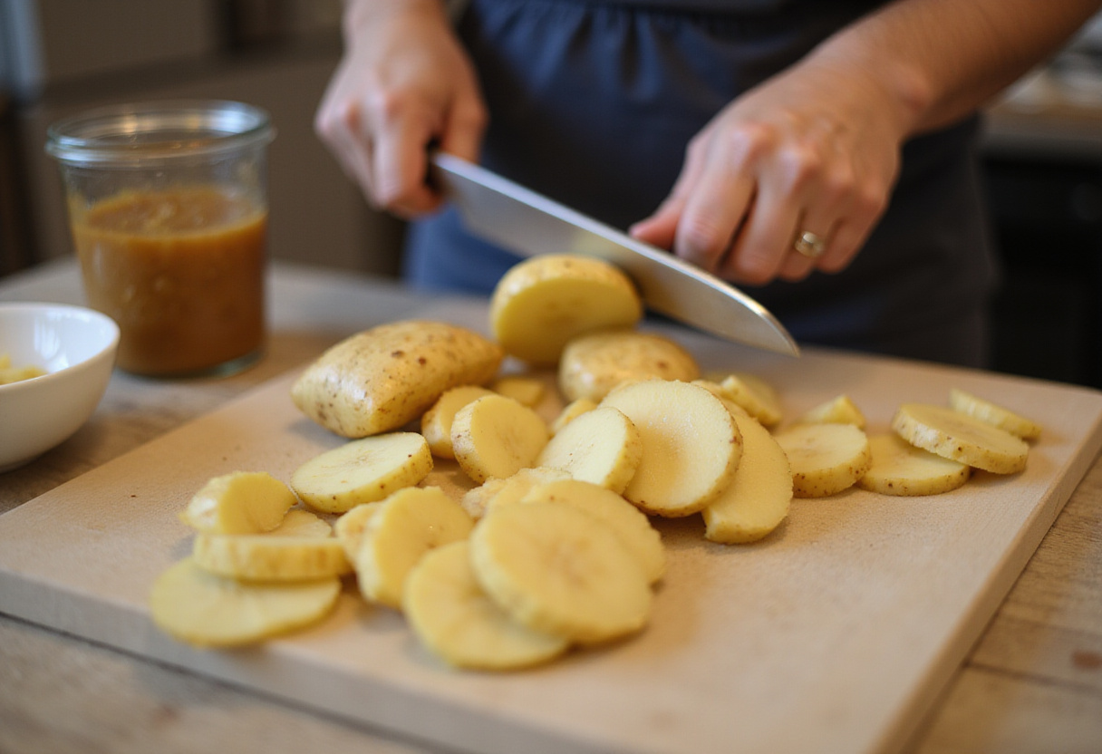Sliced potatoes prepared for Easy Lipton Onion Soup Potatoes, emphasizing the cooking process in a cozy kitchen.