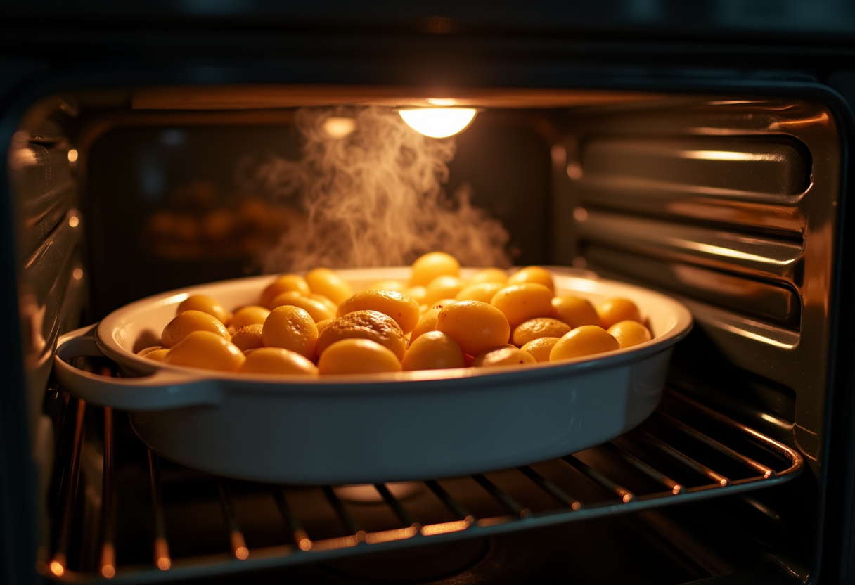 Potatoes topped with Lipton onion soup mix placed in the oven, showcasing the final steps in making Easy Lipton Onion Soup Potatoes.