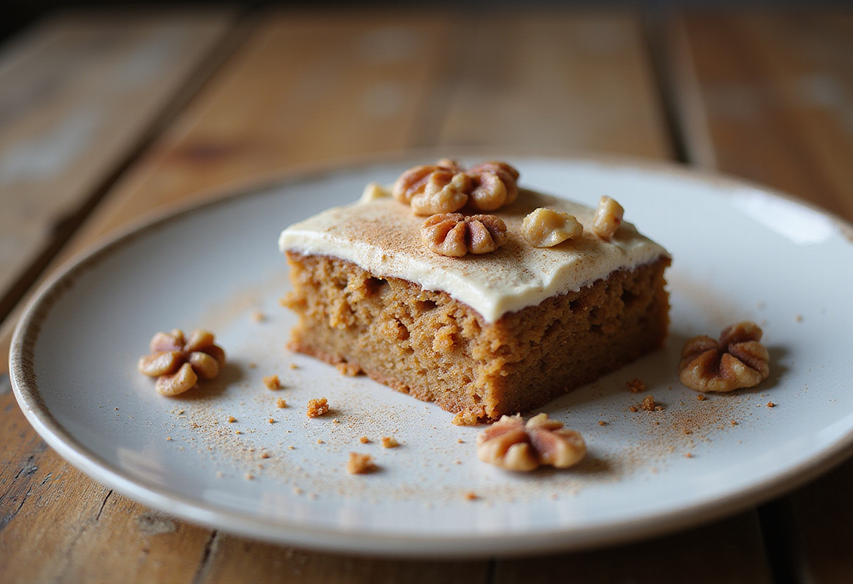 Luxurious slice of Easy Oatmeal Carrot Cake presented on a plate with garnishes, emphasizing its deliciousness and inviting dessert appeal.