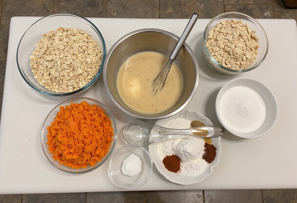 Gathering ingredients for Easy Oatmeal Carrot Cake, featuring oats, carrots, and baking essentials on a kitchen counter.