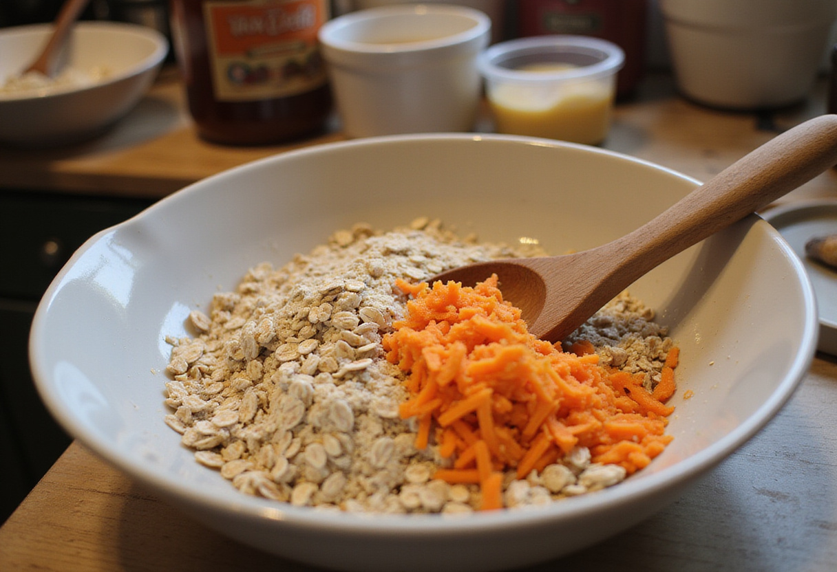 Mixing the wet and dry ingredients for Easy Oatmeal Carrot Cake in a warm kitchen, highlighting the texture of oats and carrots.