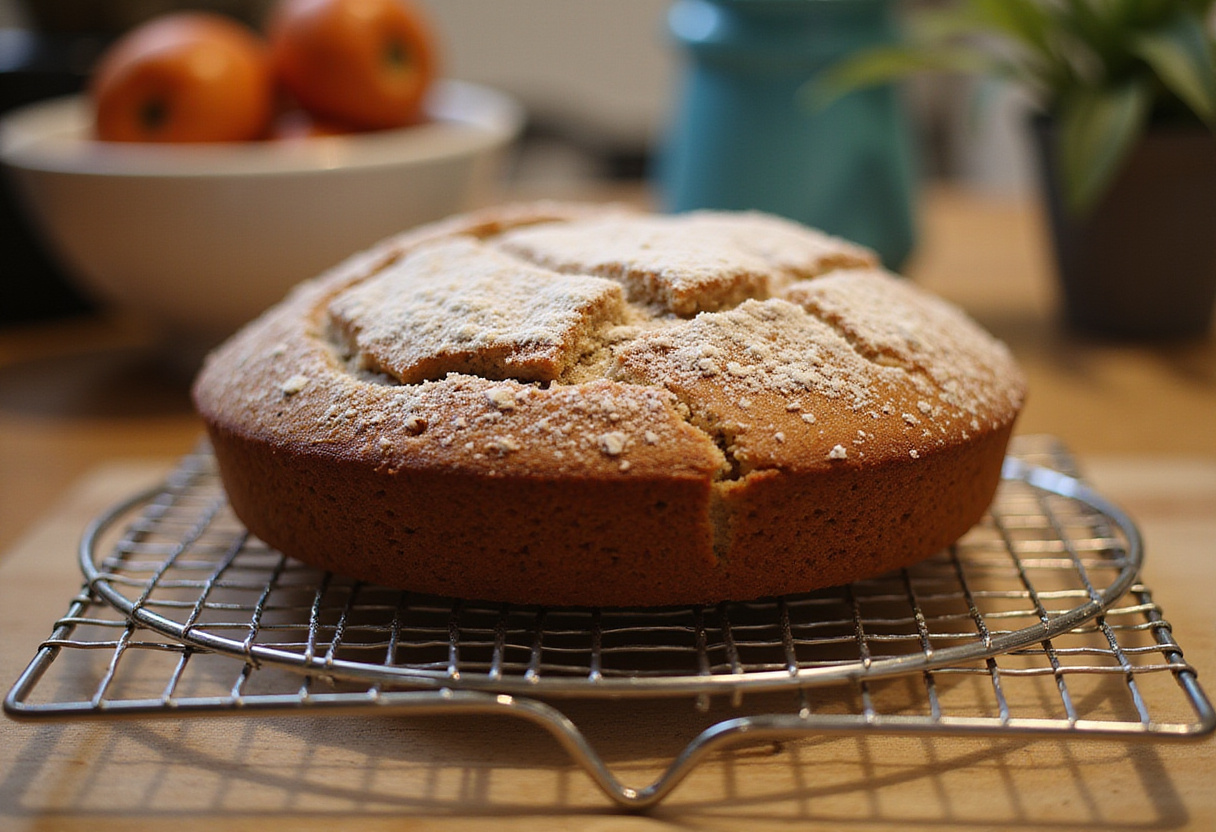 Cooling the freshly baked Easy Oatmeal Carrot Cake on a rack, highlighting its delicious appearance and inviting home kitchen feel.