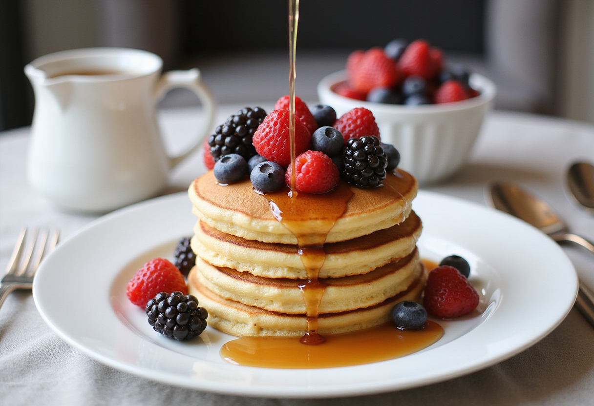 A stunning display of fluffy pancakes stacked high, beautifully topped with maple syrup and fresh berries, perfect for breakfast.