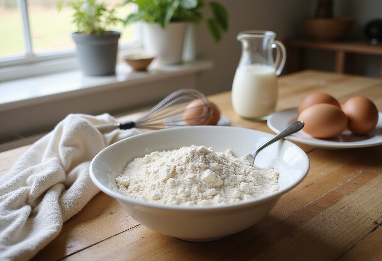 Mixing dry ingredients for fluffy pancake recipe, including flour, baking powder, and sugar in a bright kitchen.