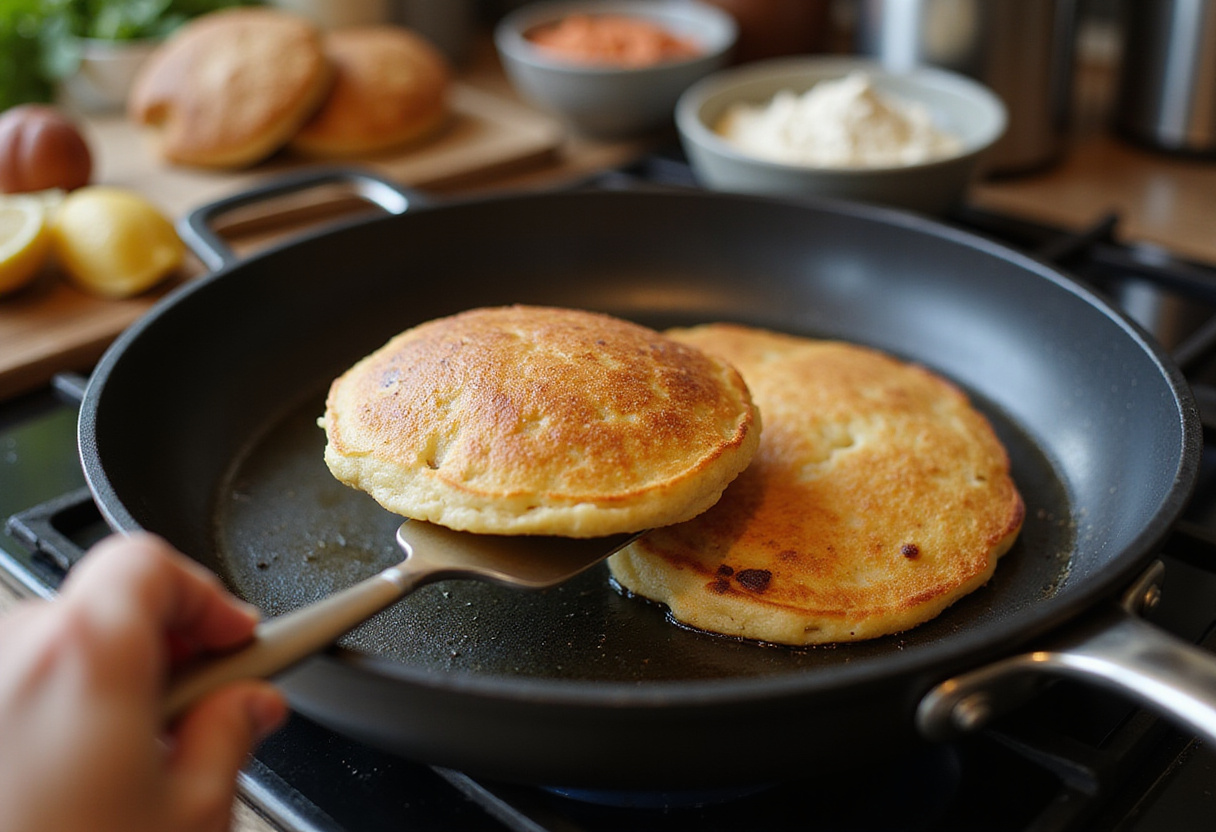 Flipping freshly made fluffy pancakes in a skillet, showcasing the cooking process in a vibrant kitchen.