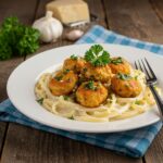 Delicious Garlic Butter Chicken Bites with Creamy Pasta beautifully presented for a mouth-watering dining experience.