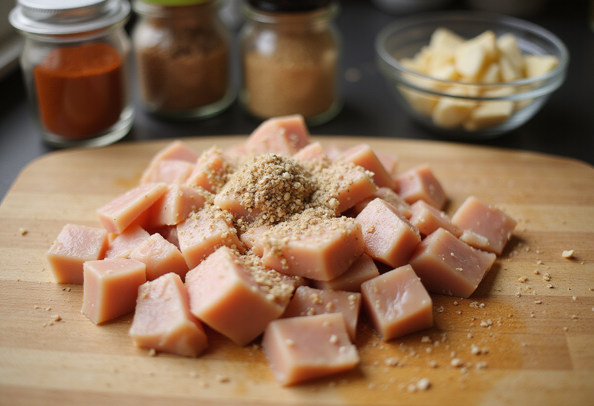 Seasoned chicken breast with garlic for Garlic Butter Chicken Bites with Creamy Pasta preparation.