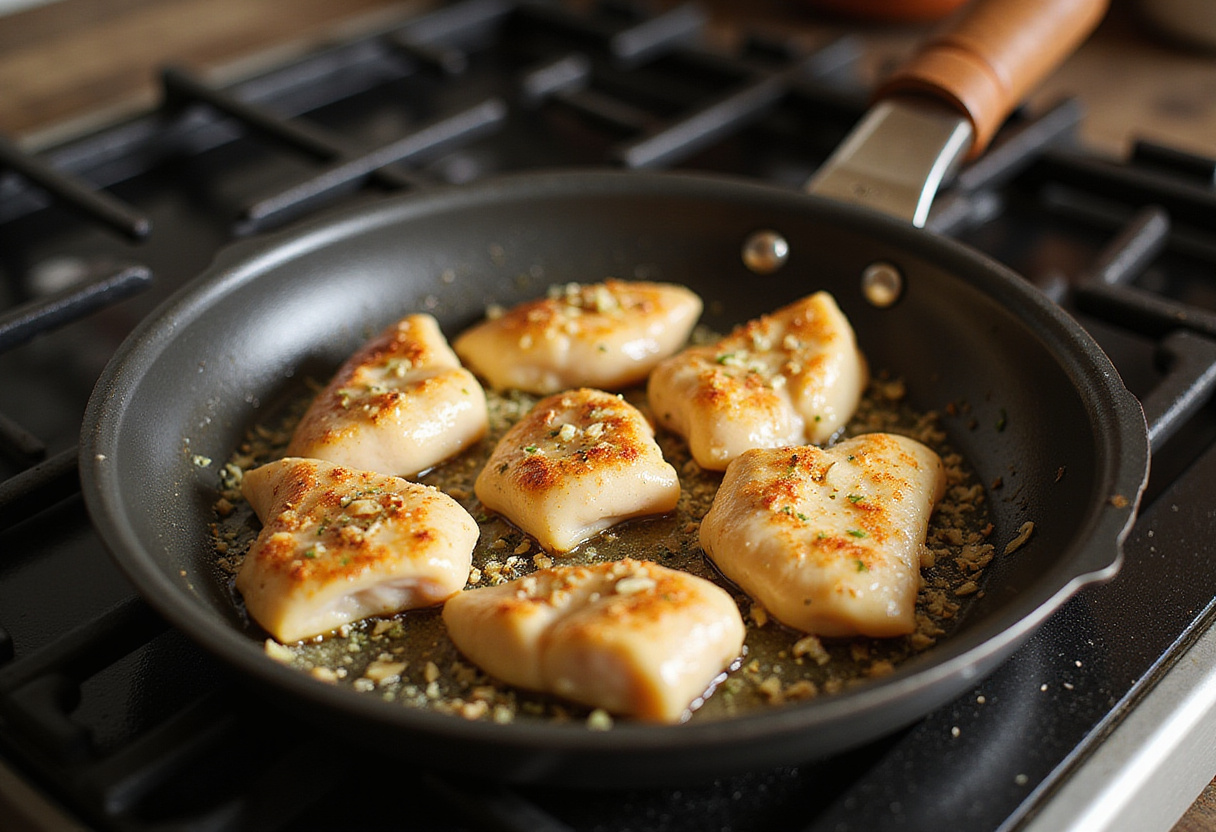 Cooking Garlic Butter Chicken Bites with garlic butter in a frying pan for a flavorful dish.