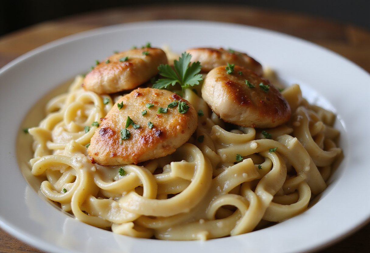 Combining Garlic Butter Chicken Bites with creamy pasta for a delicious meal presentation.