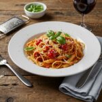 Stunning presentation of Gigi Hadid Spicy Vodka Pasta; creamy, spicy pasta with fresh basil and parmesan on a rustic dining table.
